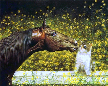 Summer Kiss, kitten, horse, cats, cute, paintings, summer, love four seasons, animals, draw and paint, flowers, lovely HD wallpaper