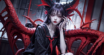 Stunning AI Anime Girl : Dark Elegance in Red and Black, AI Art, Anime, girl, anime girl HD wallpaper