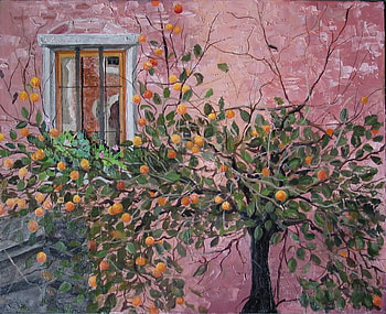 Santa Monica Orange Tree, abstract, painting, other, pink stucco wall, orange tree HD wallpaper
