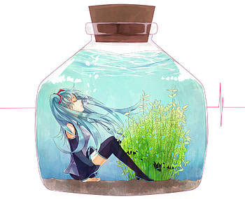 Hatsune Miku, awesome, uniform, artistic, nice, digital, cork, cg, hatsune, aqua eyes, outfit, white, art, twintail, thigh highs, girl, singer, aqua, anime girl, plant, anime, pretty, green, virtual, stockings, blue, dirt, sand, black, song, leggings, cute, vocaloid, beauty, miku, music, vocaloids, thighhighs, underwater, water, program, skirt, beautiful, diva, tie, bottle, aqua hair, cool, idol HD wallpaper