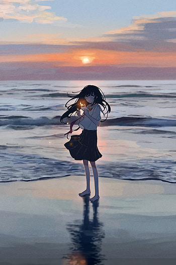 Sunset, cute anime girl, original, 2021 HD phone wallpaper