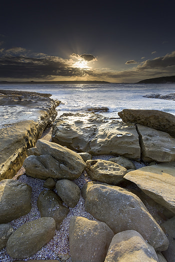 Nature, Stones, Sea, Horizon, Beams, Rays HD phone wallpaper