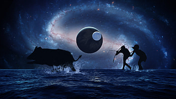 Consciousness identity, blue, black, planet, moon, couple, water, silhouette, mistret, hunter, man, pig, boar, fantasy, jakub grygier, luna, sky, luminos HD wallpaper