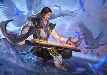Fantasy man, blue, janusl, instrument, bird, fantasy, man, dragon, crane HD wallpaper