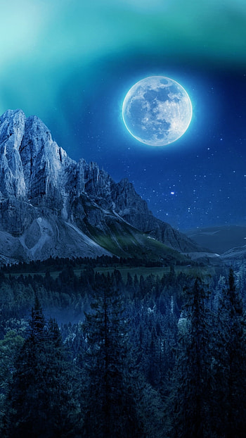 Aurora Borealis and Full Moon over Mountain, full moon, aurora borealis, night, nature, mountain HD phone wallpaper