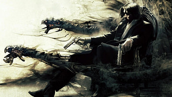 Demon guns, chair, in, a, man, sits HD wallpaper