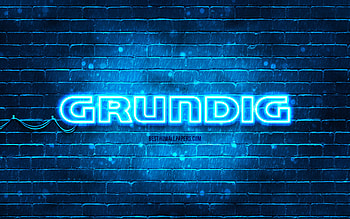 Grundig blue logo, , blue brickwall, Grundig logo, brands, Grundig neon logo, Grundig HD wallpaper
