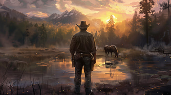 Cowboy Sunset Landscape -, cowboy, landscape, artistic HD wallpaper