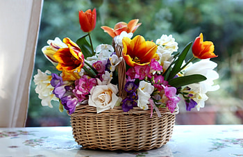 Flowers, Roses, Tulips, Basket, Composition, Combination, sia HD wallpaper