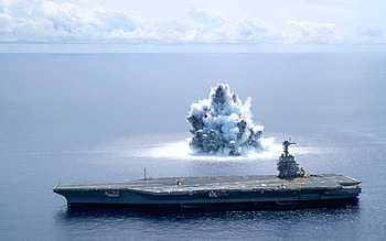 USS Gerald R Ford, CVN-78, American nuclear-powered aircraft carrier, US Navy, explosion near aircraft carrier, tests HD wallpaper