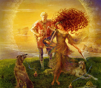 Fantasy, yellow, man, couple, girl, redhead, fanasy, kinuko y craft, dog, art, sun HD wallpaper