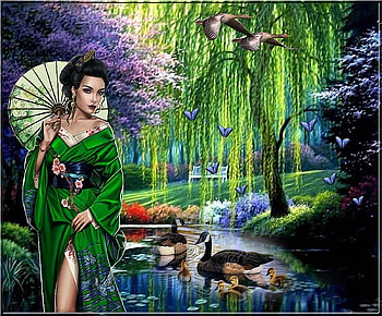 At the Sea, lady, water, animals, tree HD wallpaper