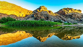 Ais Ais, South Namibia, water, reflections, lake, hills, landscape, sky HD wallpaper