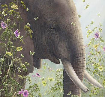 Elephant, painting, art, fantasy, butterfly, pictura, robert bissell, flower HD wallpaper