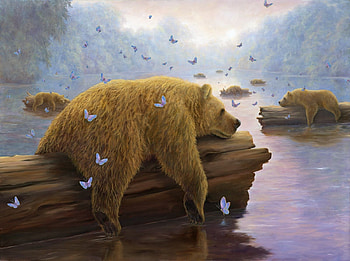 Sleeping, lake, sleep, art, urs, robert bissell, summer, painting, butterfly, bear, pictura, water, vara HD wallpaper