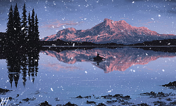 Art, Mountains, Twilight, Snow, Lake, Reflection, Dusk, Boat HD wallpaper