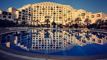 resort in tunisia with gorgeous pool, pool, reort, reflection, hotel HD wallpaper