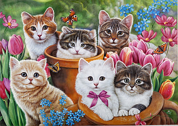 Kittens, animal, kitten, pisici, butterfly, art, flower, cat, luminos HD wallpaper