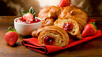 French croissants, Fruit and strawberry jam, Delicious food HD wallpaper