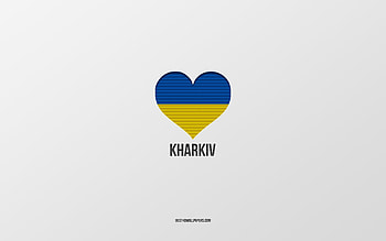 I Love Kharkiv, Ukrainian cities, Day of Kharkiv, gray background, Kharkiv, Ukraine, Ukrainian flag heart, favorite cities, Love Kharkiv HD wallpaper
