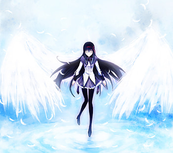Akemi Homura, skirt, wings, mahou shoujo madoka magica, seifuku, ribbons, girl, angel, black hair, long hair, pantyhose, anime, cool, bow HD wallpaper
