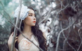 Thuong Xinh, white, model, girl, beauty, woman, branch, flower, bride HD wallpaper