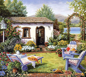 garden repose, garden, birdhouse, lake, chairs, shed, door, arbor, bonnet, flowervase, flowers, cushions HD wallpaper