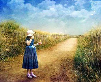blowing bubbles, summer, girl, road, bubbles HD wallpaper