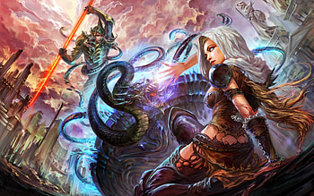 Fighting Serpents, games, armour, long hair, hood, dragon, serpent, video games, blonde hair, male, snakes, forsaken world, female HD wallpaper
