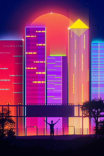 Art, City, Building, Silhouette, Retrowave HD phone wallpaper