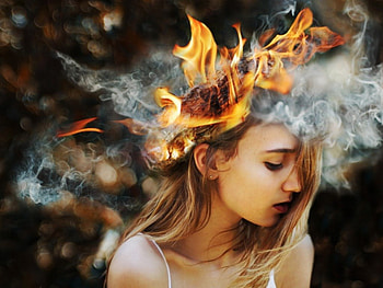 Fire head, fog, skin, brunette, head, girl, burn, fire, autumnal HD wallpaper