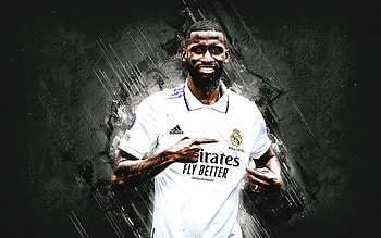Antonio Rudiger, Real Madrid, German football player, white stone background, Rudiger Real Madrid, grunge art, La Liga, Spain, football HD wallpaper