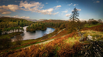 Lake District, Cumbria, England, water, clouds, landscape, autumn, trees, sky HD wallpaper