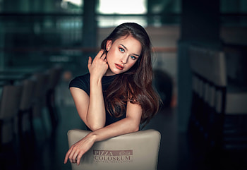 Brunette, woman in black dress, pretty blue eyes HD wallpaper