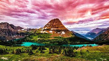Hidden Lake, Glacier NP, Montana, clouds, landscape, trees, sky, usa, sunset, mountain HD wallpaper
