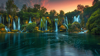 Kravica Waterfalls, Trebizat River, Bosnia and Herzegovina, trees, sky, waterfalls, sunset, colors HD wallpaper