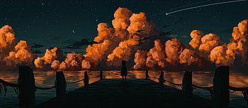 Pier after dark, girl at pier, fantasy, artwork HD wallpaper