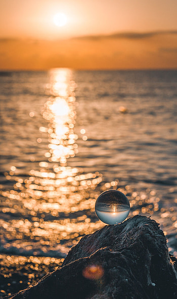 Sunset, Sea, Macro, Glare, Glass, Ball HD phone wallpaper