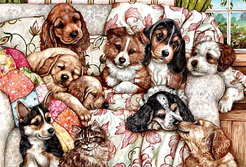Puppies on the Sofa, animal, art, dogs, beautiful, illustration, artwork, wide screen, painting, pets, canine HD wallpaper
