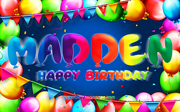 Happy Birtay Madden, , colorful balloon frame, Madden name, blue background, Madden Happy Birtay, Madden Birtay, popular american male names, Birtay concept, Madden HD wallpaper