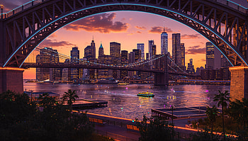 Manhattan Twilight — Skyline, Manhattan, Skyline, Bridge, River, Boat HD wallpaper