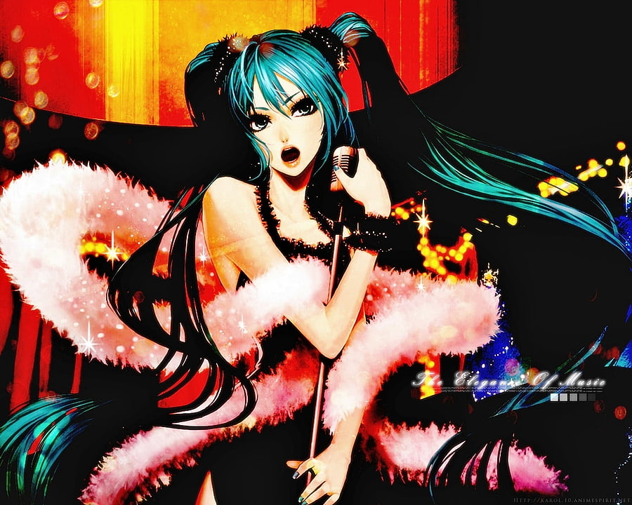 Hatsune Miku, blue, colorful, awesome, famale, cute, vocaloid, dress, beauty, nice, miku, vocaloids, pink black, hatsune, blue eyes, twintail, stage, blue hair, girl, beautiful, diva, anime, pretty, cool, idol, virtual, micro HD wallpaper