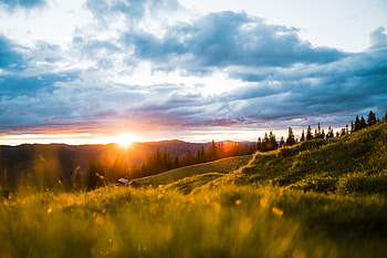 Sun, Landscape, Mountains, Trees, Nature, Dawn, Sunlight, Meadow, Sun Rays HD wallpaper