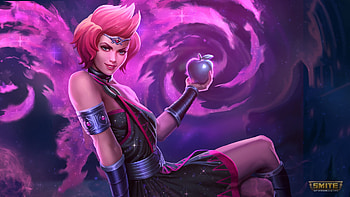 Discordia, girl, goddess, purple, pink, fantasy, smite, game, apple, redhead, luminos HD wallpaper