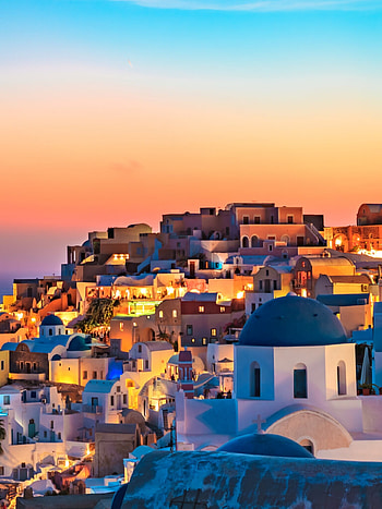Oia , Santorini sunset panoramic HD phone wallpaper