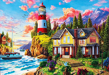Lighthouse by the Sea, boat, artwork, painting, clouds, trees, sky, cottage, rocks HD wallpaper