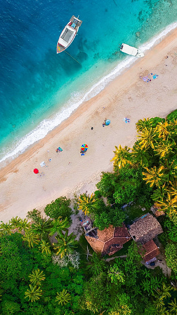 Aerial, green, blue, beach, houses, trees, boat, sea HD phone wallpaper