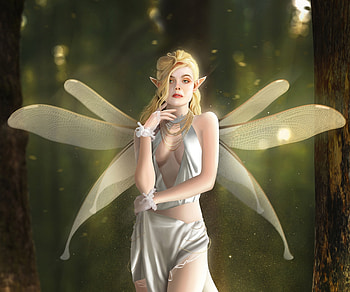 Fairy, wings, blonde, hosne qanadelo, girl, hand, fantasy, green, luminos HD wallpaper