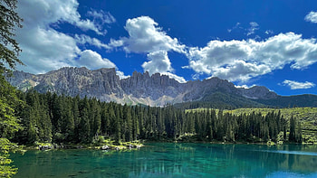 Lago di Carezza, Italy, clouds, trees, sky, mountains, water, forest HD wallpaper