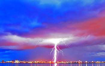 Thunderstorm, lightning, reflection, city, clouds, sky, houses HD wallpaper